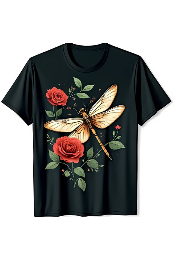 Colorful Dragonfly and Red Roses Graphic T-Shirt for Nature Lovers