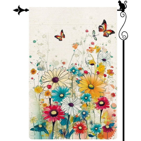 Colorful Drawing with Butterflies and Flowers Garden Flag Vertical Double Sided Spring Summer Garden Flag Seasonal Rustic Yard Lawn Outdoor Decor 12.5x18 Inches
