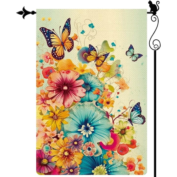 Colorful Drawing with Butterflies and Flowers Spring Garden Flag Vertical Double Sided Spring Summer Garden Flag Seasonal Rustic Yard Lawn Outdoor Decor 12.5x18 Inches