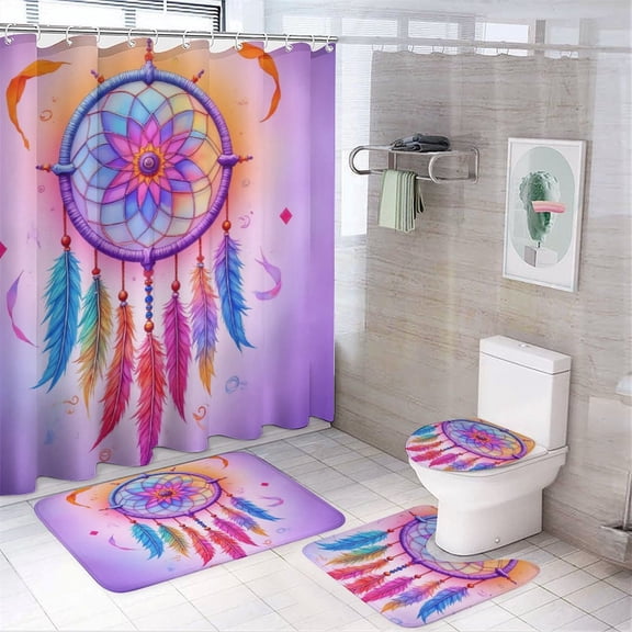Colorful Dreamcatcher Feathers Shower Curtain Bathroom Sets Toilet Lid Rug, Bath Mat And Contour Mat, Shower Curtain 4Pcs