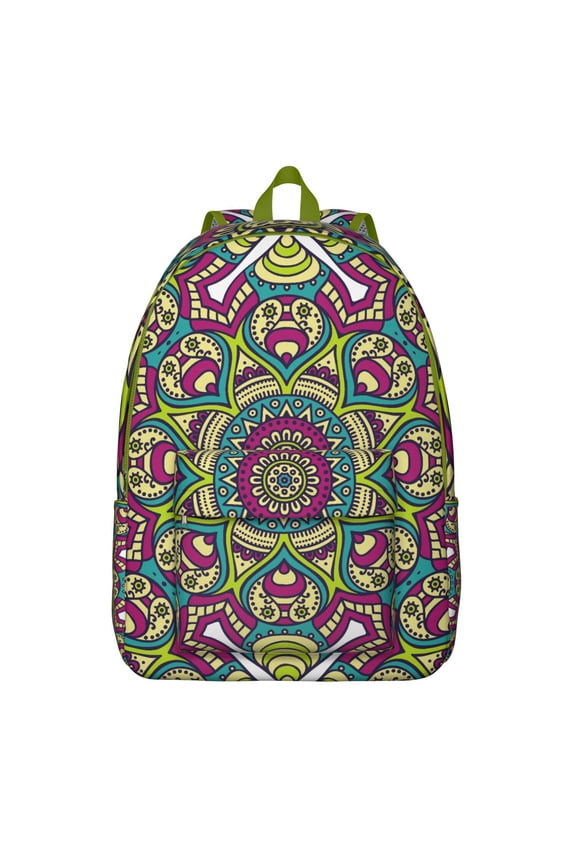 Colorful Dreamy Mandala Print School Backpack, Artistic Trippy Bohemian Style Canvas Travel Bag for Women, Meditation Healing Energy Design