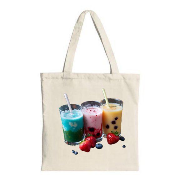 Colorful Drinks Tote Bag - Canvas Multifunctional Reusable Shopping Bag with Vibrant Blue Pink Yellow Beverages & Berries Design