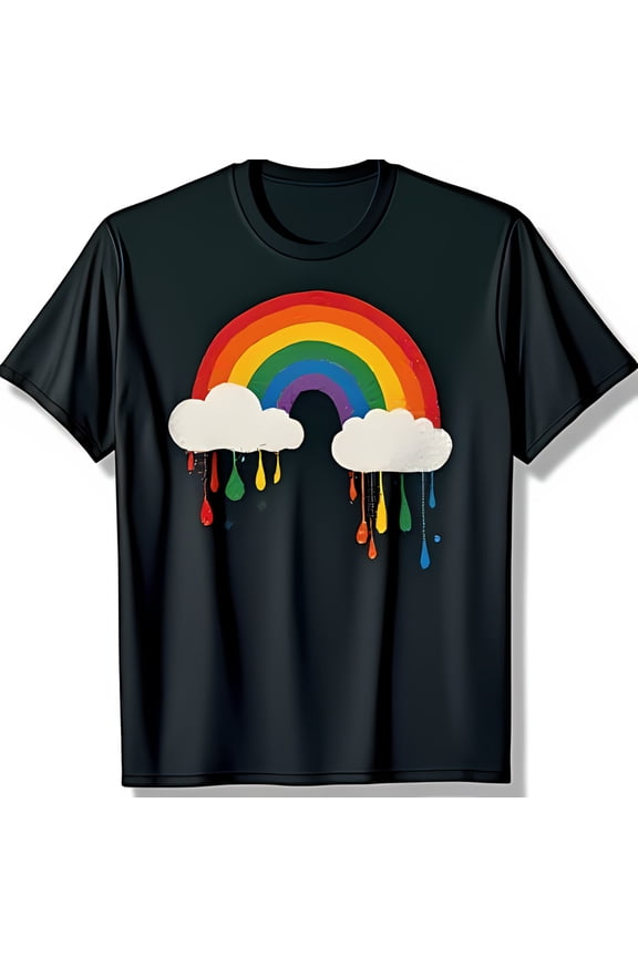 Colorful Dripping Rainbow Graphic on Black T-Shirt with White Clouds