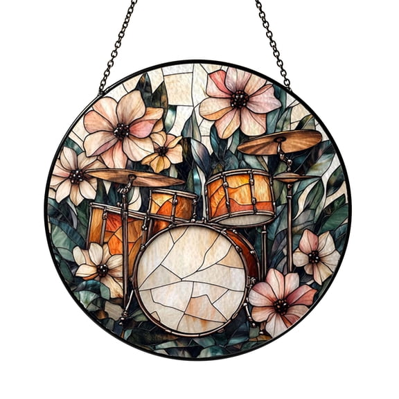 Colorful Drum Set Stained Glass Style Window Hanging