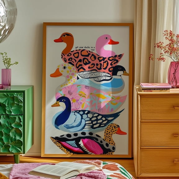 Colorful Ducks Art Print: Kitsch Animal Pattern Wall Decor, Stretched Canvas 8x10in