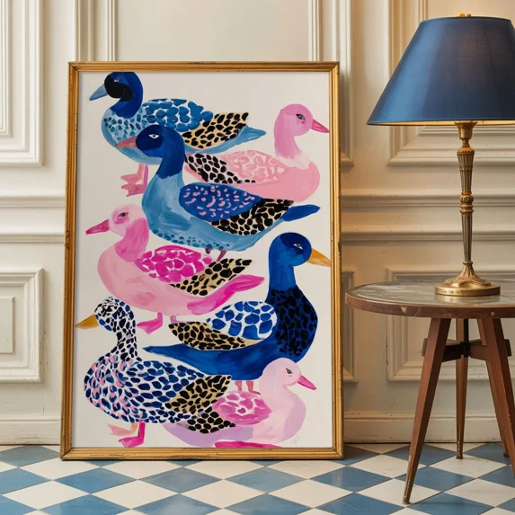 Colorful Ducks Pattern Poster Kitsch Animal Wall Art Decor, Matte Canvas Stretched, Posters for Room Bedroom Living Room Bathroom Wall Decor, Posters & Art Prints, Gift.