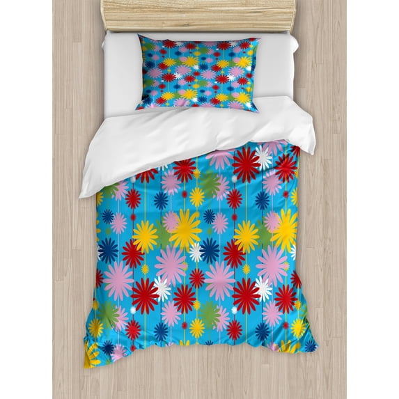 Colorful Duvet Cover Set, Abstract Design Repetitive Pattern of Surreal Flower Silhouettes, Decorative 2 Piece Bedding Set with 1 Pillow Shams, Twin Size, Blue and Multicolor, by Ambesonne