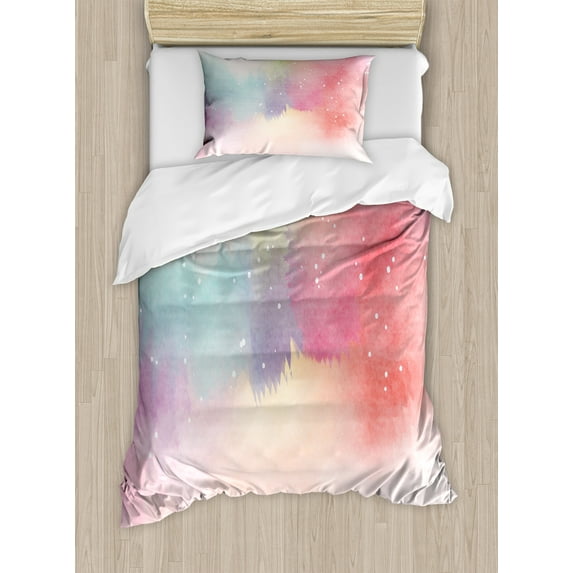 Colorful Duvet Cover Set, Abstract Dreamy Fantasy Themed Watercolor Digital Painting Art Romantic Design, Decorative 2 Piece Bedding Set with 1 Pillow Shams, Twin Size, Multicolor, by Ambesonne