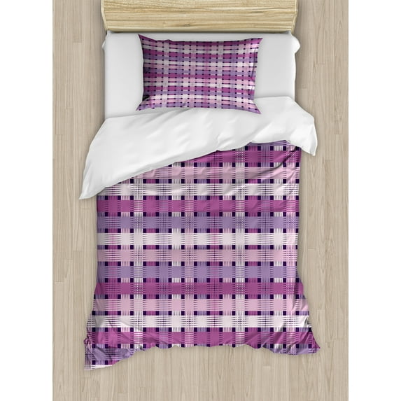 Colorful Duvet Cover Set, Abstract Geometric Motifs with Hatched Style in Purple Pink Tones, Decorative 2 Piece Bedding Set with 1 Pillow Shams, Twin Size, Pale Mauve and Pale Fuchsia, by Ambesonne