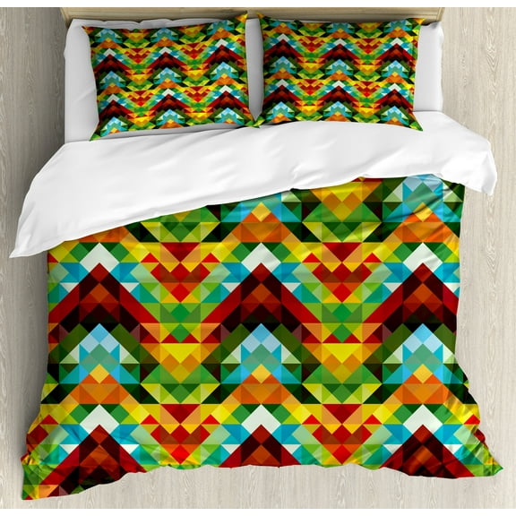 Colorful Duvet Cover Set, Abstract Optic Effect Triangle Pattern Digital Vibrant Contemporary Design, Decorative 3 Piece Bedding Set with 2 Pillow Shams, Queen Size, Multicolor, by Ambesonne