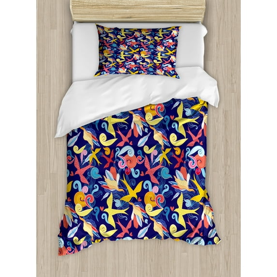 Colorful Duvet Cover Set, Abstract Ornamental Flying Birds Leaves and Curves Composition Pattern, Decorative 2 Piece Bedding Set with 1 Pillow Shams, Twin Size, Indigo and Multicolor, by Ambesonne