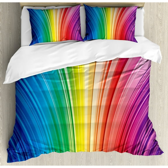 Colorful Duvet Cover Set, Abstract Psychedelic Warped Contour Stripes Motion Modern Art Print, Decorative 3 Piece Bedding Set with 2 Pillow Shams, Calking Size, Magenta Blue, by Ambesonne