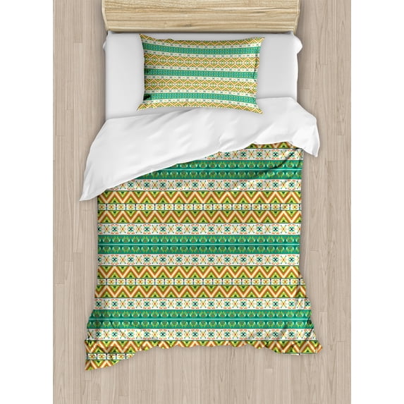 Colorful Duvet Cover Set, Colorful Local Motif Pattern Print, Decorative 2 Piece Bedding Set with 1 Pillow Shams, Twin Size, Pistachio Green Orange, by Ambesonne