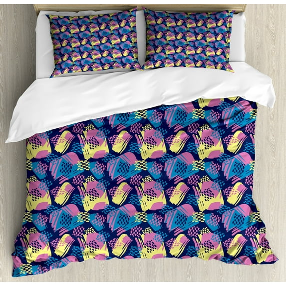Colorful Duvet Cover Set, Continuous Design of Abstract Geometric Patterns in Graffiti Drawing Style, Decorative 3 Piece Bedding Set with 2 Pillow Shams, Queen Size, Indigo Multicolor, by Ambesonne