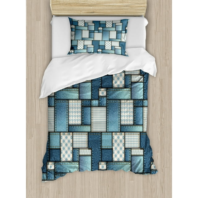 Colorful Duvet Cover Set, Denim Motif Background with Several Sewing Simplistic Abstract Design, Decorative 2 Piece Bedding Set with 1 Pillow Shams, Twin Size, Pale Blue Blue, by Ambesonne