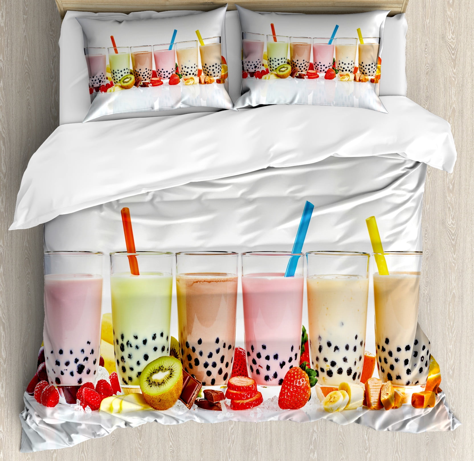 Colorful Duvet Cover Set, Different Flavored Bubble Teas and Chocolate
