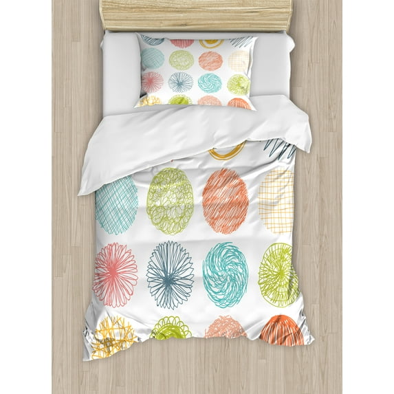 Colorful Duvet Cover Set, Doodle Style Scribble Composition Circles Stripes Joyful Illustration, Decorative 2 Piece Bedding Set with 1 Pillow Shams, Twin Size, Orange Coral, by Ambesonne