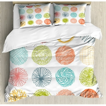 Colorful Duvet Cover Set, Doodle Style Scribble Composition Circles Stripes Joyful Illustration, Decorative 3 Piece Bedding Set with 2 Pillow Shams, King Size, Orange Coral, by Ambesonne
