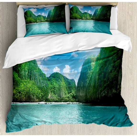 Colorful Duvet Cover Set, Exotic Coast of Maya Bay at Phi Phi Ley Thailand Nature Theme Image, Decorative 3 Piece Bedding Set with 2 Pillow Shams, King Size, Azure Blue and Multicolor, by Ambesonne