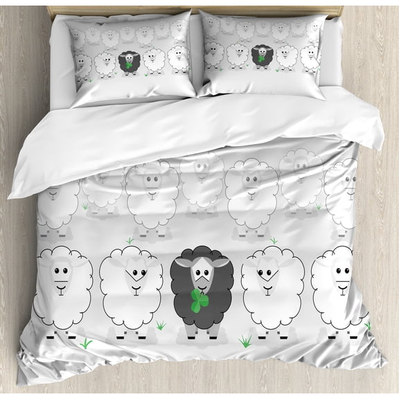 Colorful Duvet Cover Set, Flock of Sheep with a Black Different Strange, Decorative 3 Piece Bedding Set with 2 Pillow Shams, Queen Size, Fern Green Grey, by Ambesonne