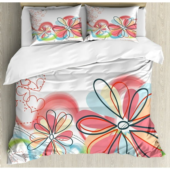 Colorful Duvet Cover Set, Floral Haze Pattern with Heart Love Spring Influences Work of Art, Decorative 3 Piece Bedding Set with 2 Pillow Shams, King Size, Multicolor, by Ambesonne