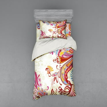 Colorful Duvet Cover Set, Flower Bouquet Paisley Pattern Floral Damask Persian Print, Bedding Set with Shams and Fitted Sheet, 3 Sizes, by Ambesonne