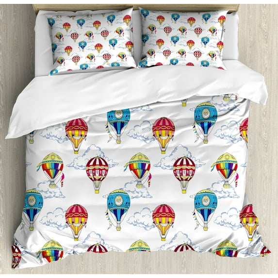 Colorful Duvet Cover Set, Hand Drawn Sketches Clouds and Hot Air Balloons Playroom, Decorative 3 Piece Bedding Set with 2 Pillow Shams, Queen Size, Multicolor, by Ambesonne