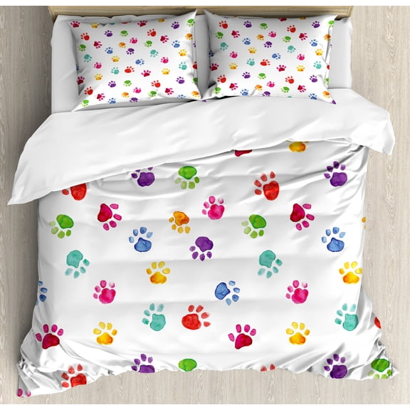 Colorful Duvet Cover Set, Hand Painted Illustration of Animal Footprints Vibrant Art in Watercolors, Decorative 3 Piece Bedding Set with 2 Pillow Shams, Queen Size, Multicolor, by Ambesonne