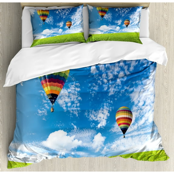 Colorful Duvet Cover Set, Hot Air Balloons Over Green Fields and Cloudy Sky on Background Image, Decorative 3 Piece Bedding Set with 2 Pillow Shams, Calking Size, Azure Blue Multicolor, by Ambesonne