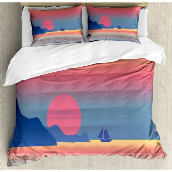Colorful Duvet Cover Set, Illustration Night Moonlight Sea Sailing Away on the Horizon, Decorative 3 Piece Bedding Set with 2 Pillow Shams, Calking Size, Pink Sky Blue, by Ambesonne