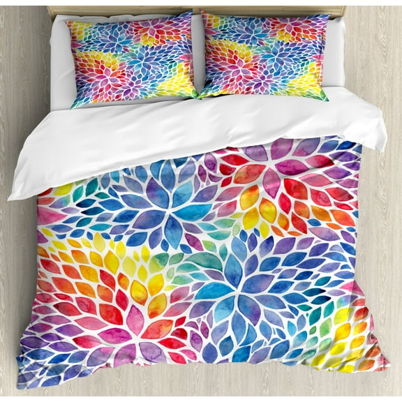 Colorful Duvet Cover Set King Size, Blossoming Nature Rainbow Colored Foliage in Watercolor Style Spring Illustration, Decorative 3 Piece Bedding Set with 2 Pillow Shams, Multicolor, by Ambesonne