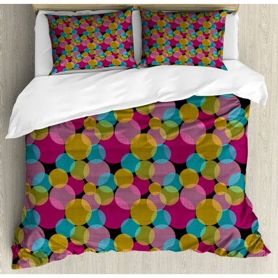 Colorful Duvet Cover Set King Size, Checkered Patterned Big Spots in Different Vibrant Colors on a Dark Background, Decorative 3 Piece Bedding Set with 2 Pillow Shams, Multicolor, by Ambesonne