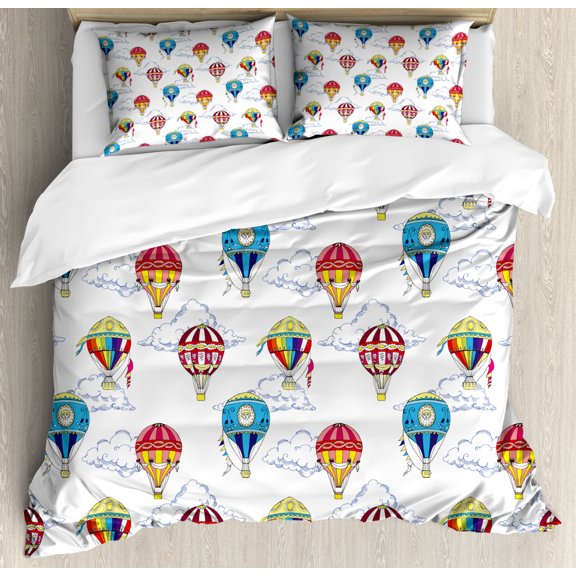 Colorful Duvet Cover Set King Size, Hand Drawn Sketches Clouds and Hot Air Balloons Kids Playroom Nursery, Decorative 3 Piece Bedding Set with 2 Pillow Shams, Multicolor, by Ambesonne