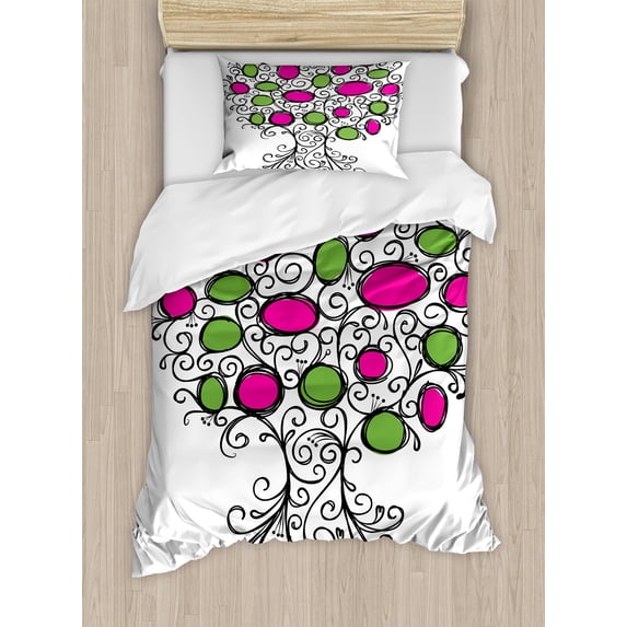 Colorful Duvet Cover Set, Magenta Colored Ovals and Curlicue Swirls Hand Drawn Look Tree Motif Print, Decorative 2 Piece Bedding Set with 1 Pillow Shams, Twin Size, Black Green Pink, by Ambesonne