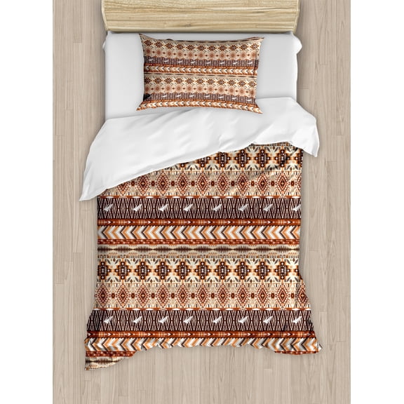 Colorful Duvet Cover Set, Native Culture Geometric Motif Pattern, Decorative 2 Piece Bedding Set with 1 Pillow Shams, Twin Size, Brown Cinnamon Orange, by Ambesonne