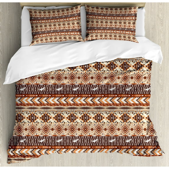 Colorful Duvet Cover Set, Native Culture Geometric Motif Pattern, Decorative 3 Piece Bedding Set with 2 Pillow Shams, Queen Size, Brown Cinnamon Orange, by Ambesonne