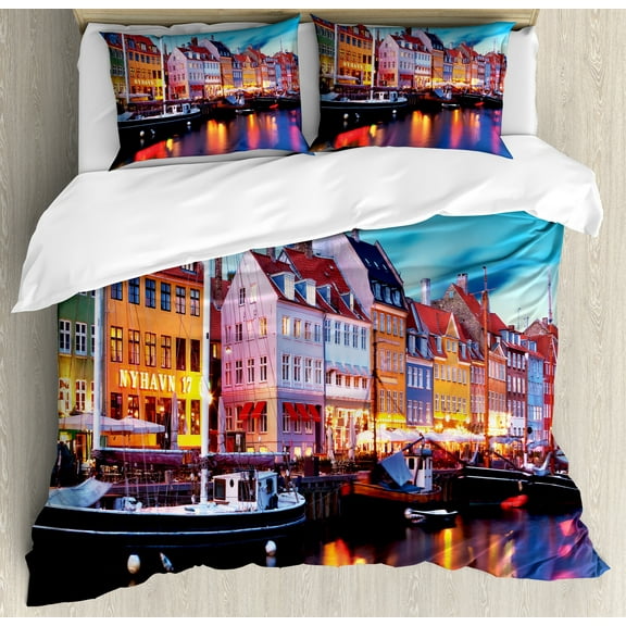 Colorful Duvet Cover Set, Old Nyhavn Pier and Traditional Buildings at City of Copenhagen Denmark, Decorative 3 Piece Bedding Set with 2 Pillow Shams, King Size, Sky Blue Multicolor, by Ambesonne