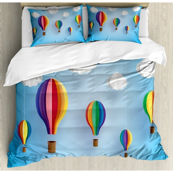 Colorful Duvet Cover Set, Paper Art Style Depiction Hot Air Balloons and Clouds Illustration, Decorative 3 Piece Bedding Set with 2 Pillow Shams, Calking Size, Pale Sky Blue Multicolor, by Ambesonne