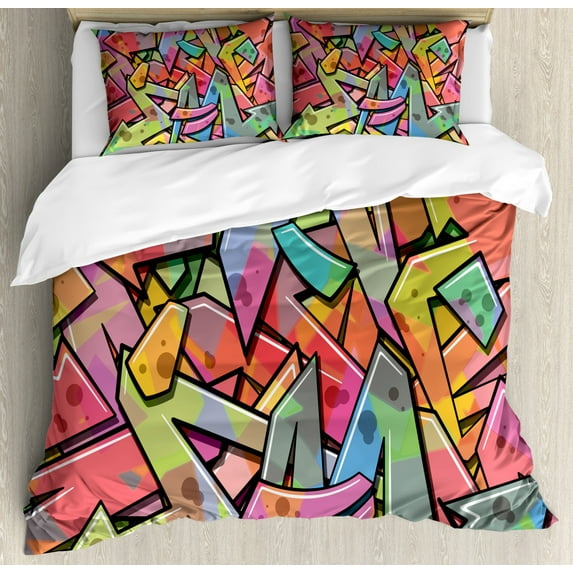 Colorful Duvet Cover Set Queen Size, Abstract Grunge Arrows Graffiti Inspired Spray Paint Style Figures Illustration, Decorative 3 Piece Bedding Set with 2 Pillow Shams, Multicolor, by Ambesonne