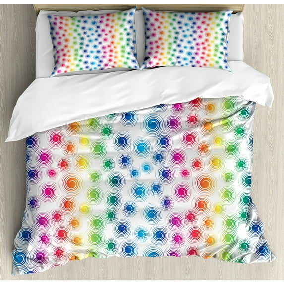 Colorful Duvet Cover Set Queen Size, Funky Geometrical Retro Style Spirals Circles Twirled Lines Dots Spots Pattern, Decorative 3 Piece Bedding Set with 2 Pillow Shams, Multicolor, by Ambesonne