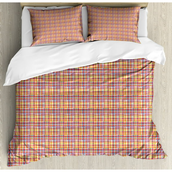 Colorful Duvet Cover Set Queen Size, Funky Striped Patterns Gingham Style Abstract Vintage Art Checkered Plaid Design, Decorative 3 Piece Bedding Set with 2 Pillow Shams, Multicolor, by Ambesonne