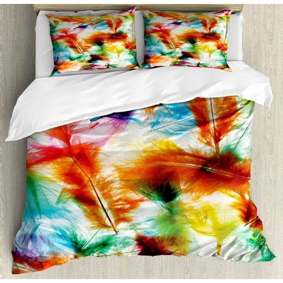 Colorful Duvet Cover Set Queen Size, Psychedelic Blurry Mix of Feathers Pure Energy of Love and Life Wing Art Icons, Decorative 3 Piece Bedding Set with 2 Pillow Shams, Multicolor, by Ambesonne