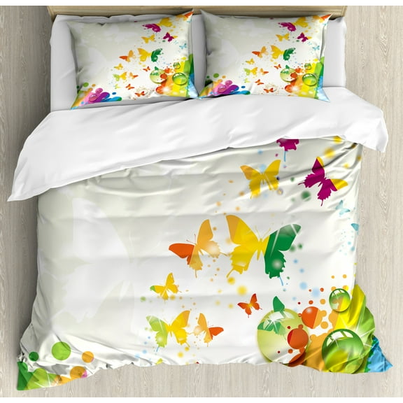 Colorful Duvet Cover Set Queen Size, Silhouettes of Butterflies Freedom Icons of the Nature Festival Artwork Print, Decorative 3 Piece Bedding Set with 2 Pillow Shams, Multicolor, by Ambesonne