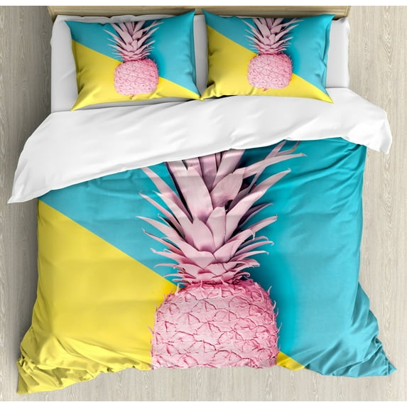 Colorful Duvet Cover Set Queen Size, Simple Theme Modern Art Rose Colored Pineapple Image on Bicolour Background, Decorative 3 Piece Bedding Set with 2 Pillow Shams, Multicolor, by Ambesonne