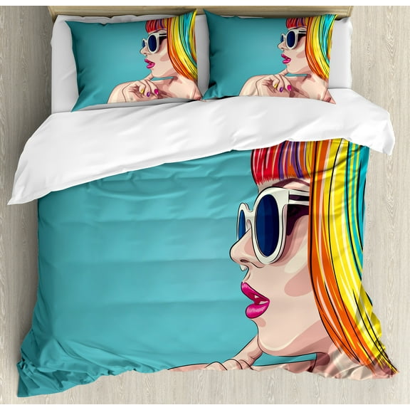 Colorful Duvet Cover Set, Retro Inspired Image of Woman Rainbow Colored Wig and Sunglasses, Decorative 3 Piece Bedding Set with 2 Pillow Shams, Calking Size, Cadet Blue and Multicolor, by Ambesonne