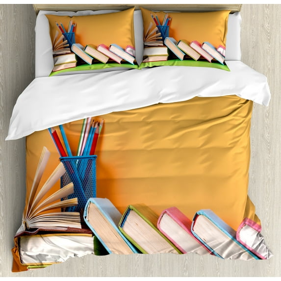 Colorful Duvet Cover Set, Retro Style Theme Inspired Image Books and Pencils in Pen Box, Decorative 3 Piece Bedding Set with 2 Pillow Shams, King Size, Pale Orange Multicolor, by Ambesonne