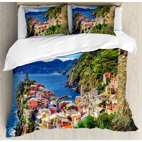 Colorful Duvet Cover Set, Scenic Image of Vernazza Village in Cinque Terre Northern Italy, Decorative 3 Piece Bedding Set with 2 Pillow Shams, Queen Size, Cobalt Blue and Multicolor, by Ambesonne