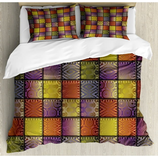 Colorful Duvet Cover Set, Stitch-Like Digital Mix Motifs Pattern with Inner Triangle Round Shapes Image, Decorative 3 Piece Bedding Set with 2 Pillow Shams, Queen Size, Multicolor, by Ambesonne
