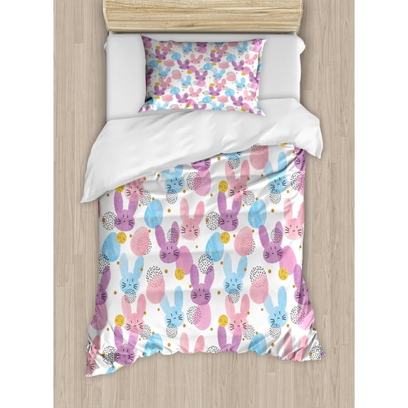Colorful Duvet Cover Set, Style Easter Bunnies and Eggs Pattern with Watercolor Painting, Decorative 2 Piece Bedding Set with 1 Pillow Shams, Twin Size, Pale Pink Pale Blue, by Ambesonne