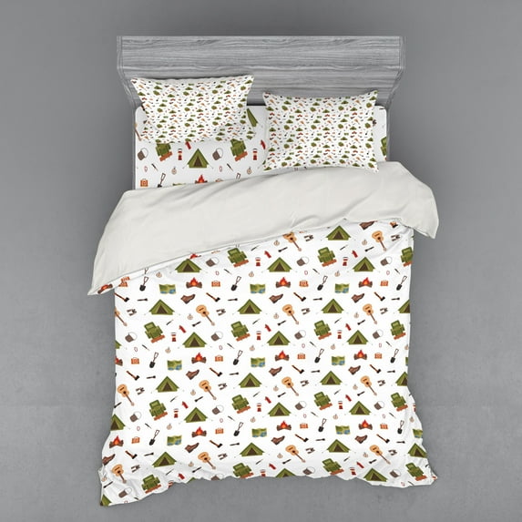 Colorful Duvet Cover Set, Tent Campfire Backpack Hiking Boots Little Children Nursery Playroom Pattern, Bedding Set with Shams and Fitted Sheet, 3 Sizes, by Ambesonne